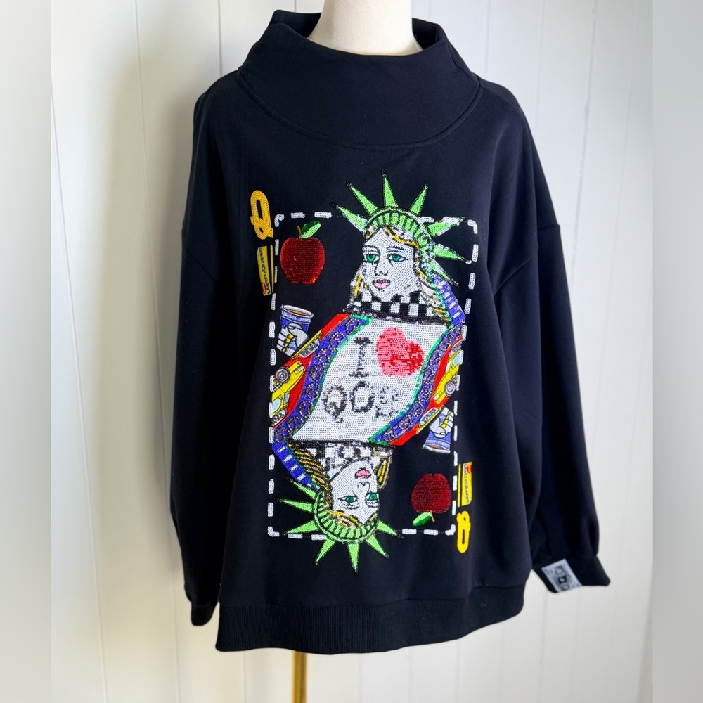 NEW Queen Of Sparkles-Black NYC Queen Card Mock Neck Sweatshirt